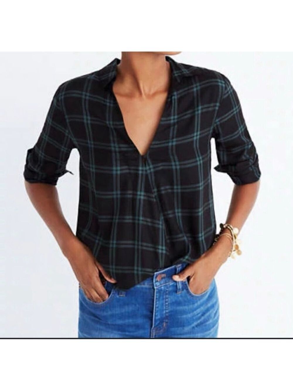 Women's Madewell Palma Plaid Wrap Blouse Size XXS Black Green